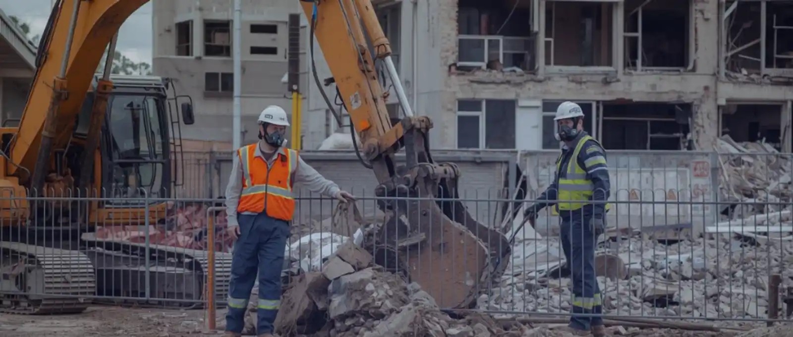 Excavator demolishing building with workers supervising – demolition plant and equipment insurance