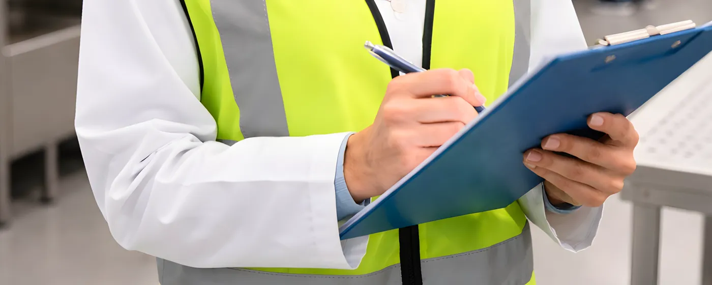 Health and safety consultant conducting a workplace audit with tablet and clipboard on a construction site