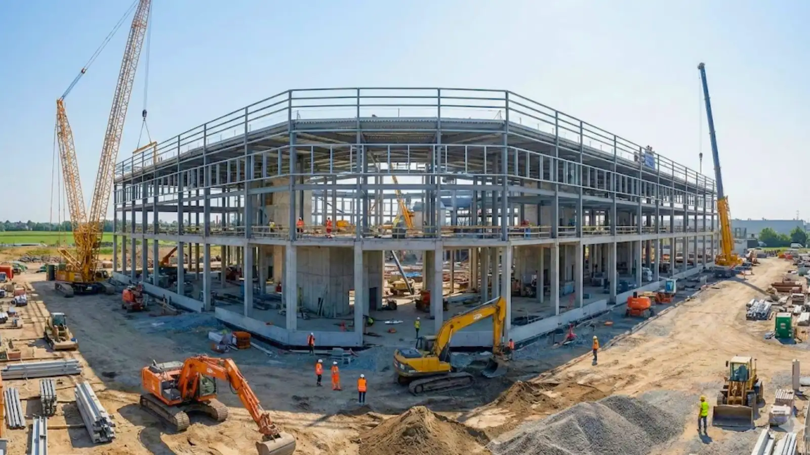 Large-scale commercial building under construction with steel frame structure, cranes, excavators and workers in safety vests - annual contract works insurance coverage
