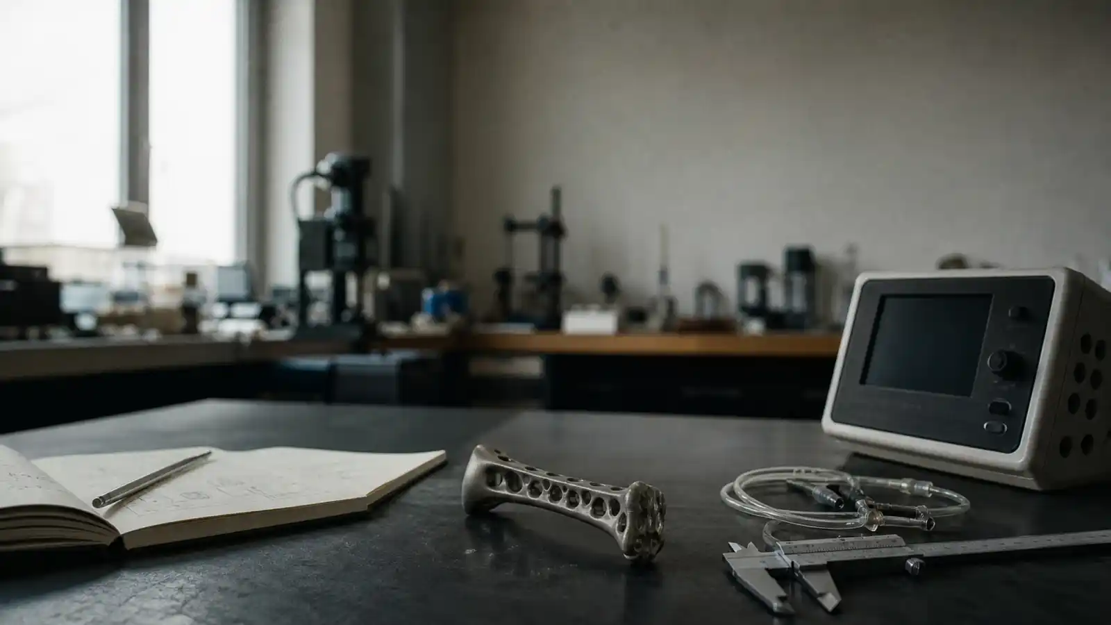 Biomedical device prototype and instruments on a lab bench - biomedical engineer insurance