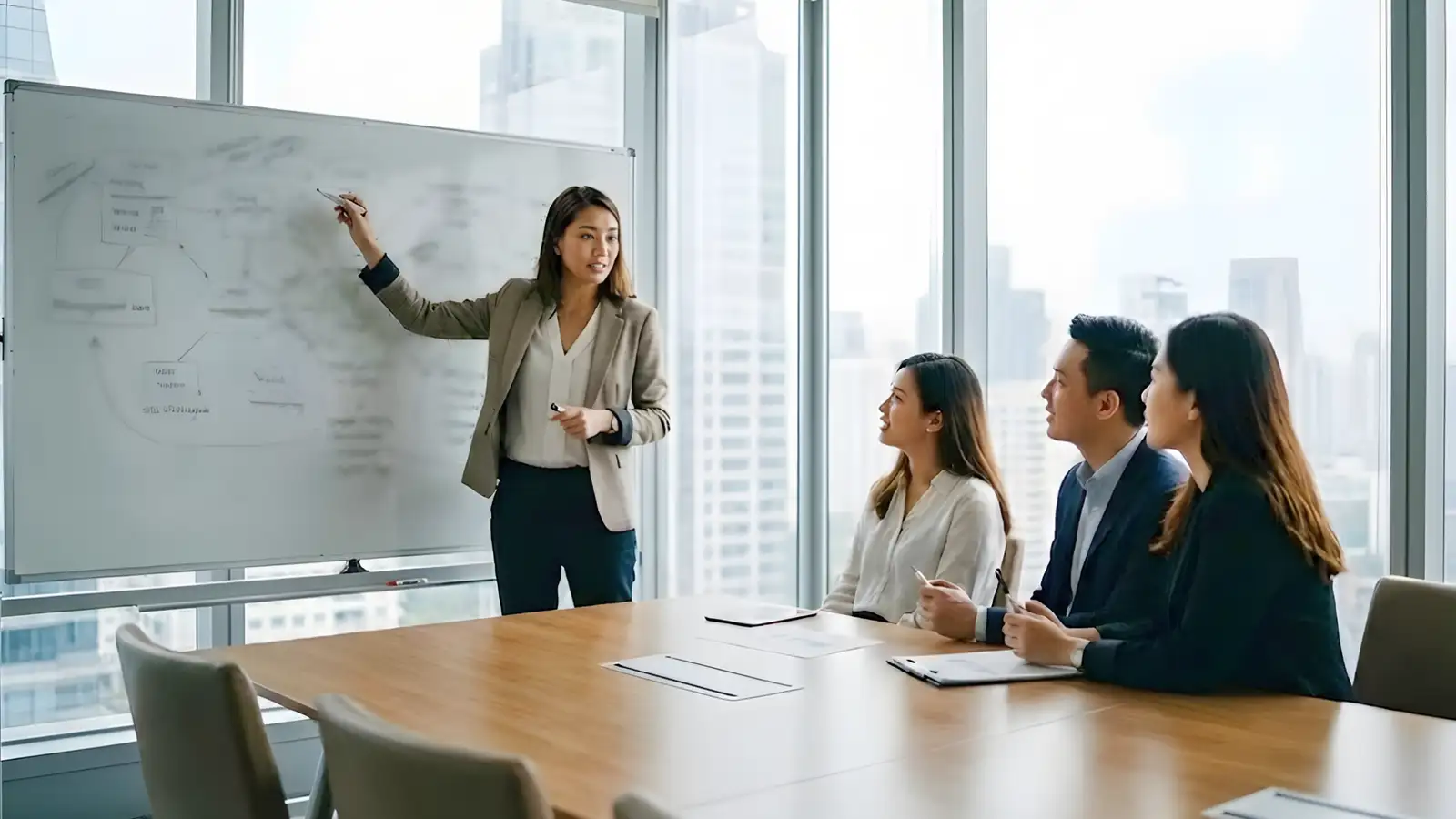 Management consultant presenting strategy on whiteboard to business team in modern boardroom