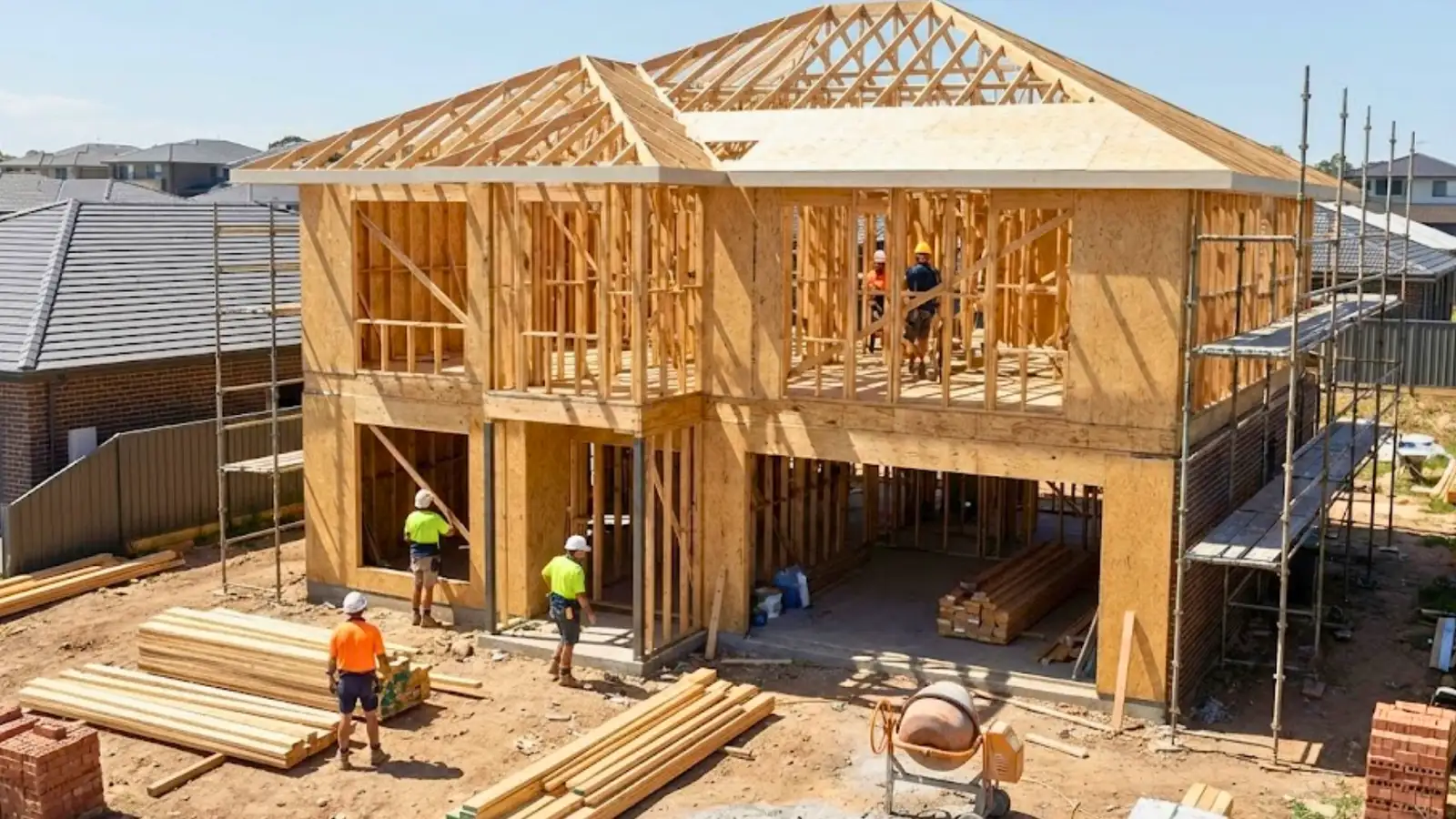 Two-storey residential home under construction with timber frame and workers in hi-vis vests - owner builder contract works insurance