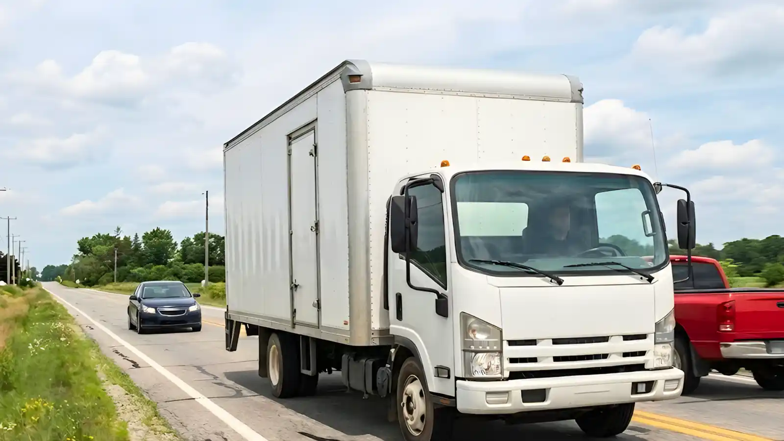 White delivery truck driving on an Australian highway alongside other vehicles, representing commercial motor insurance coverage for business fleets