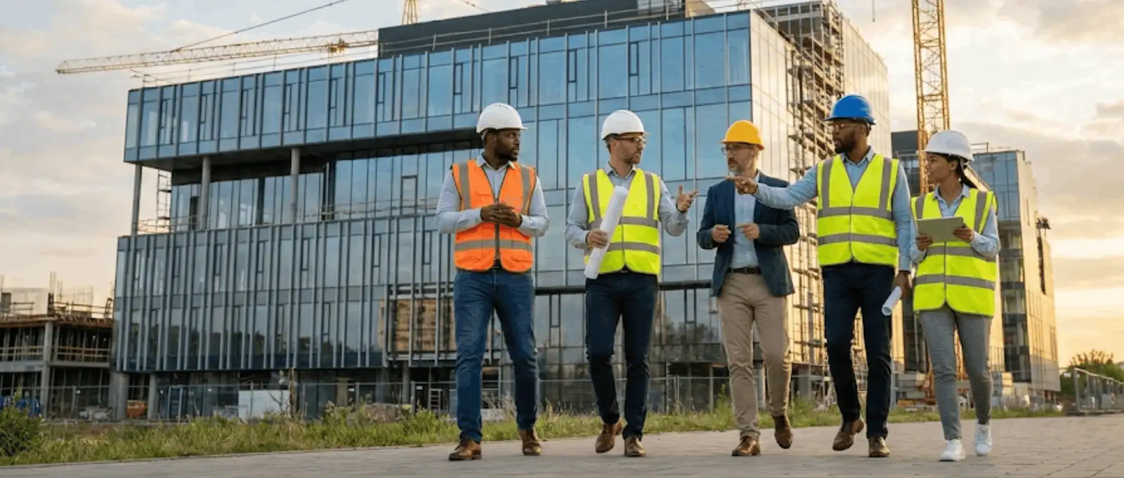 Engineering team in hard hats and high-visibility vests walking together in front of a modern glass commercial building under construction
