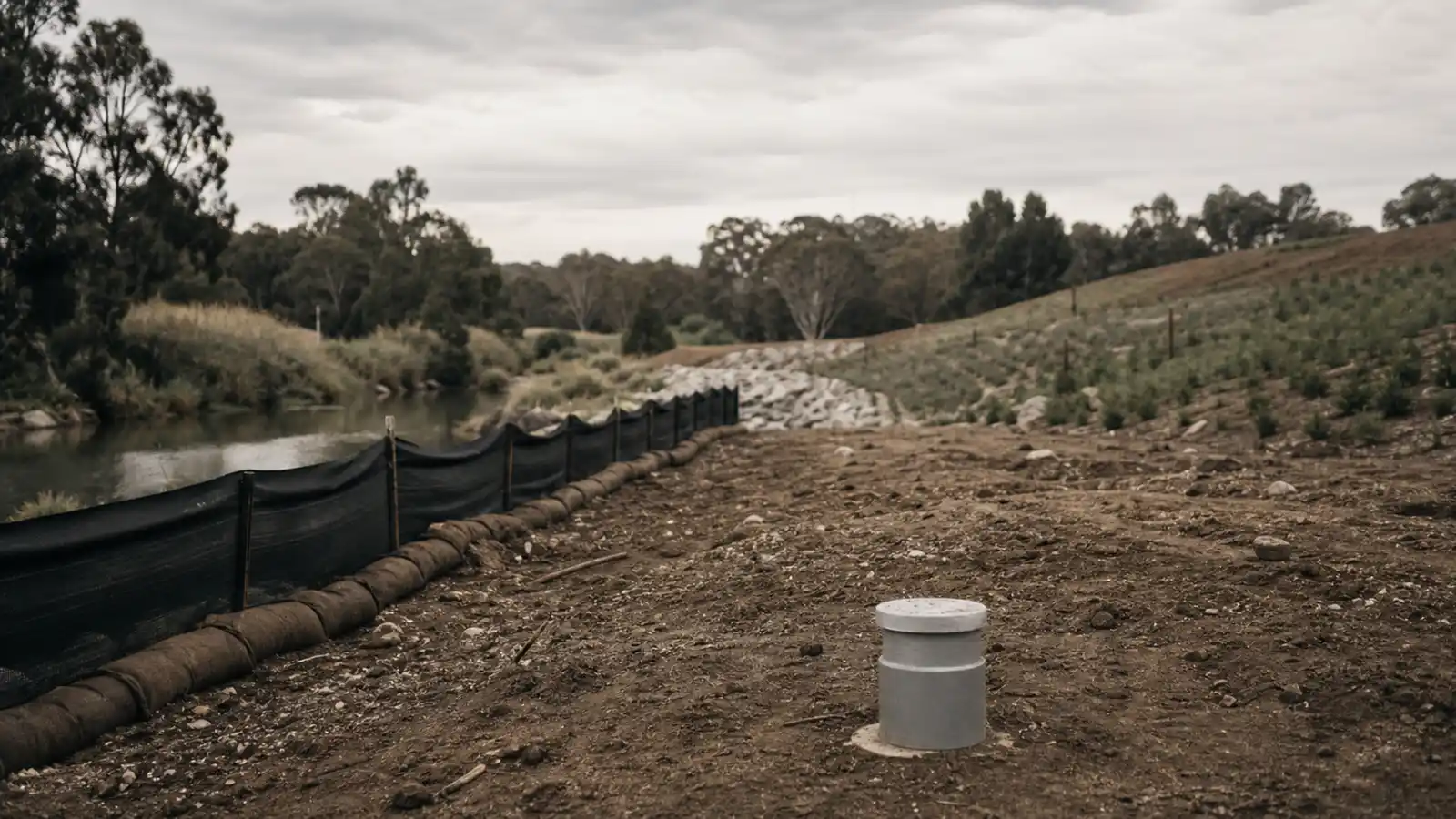 Silt fencing and monitoring well at a remediation site - environmental engineer insurance