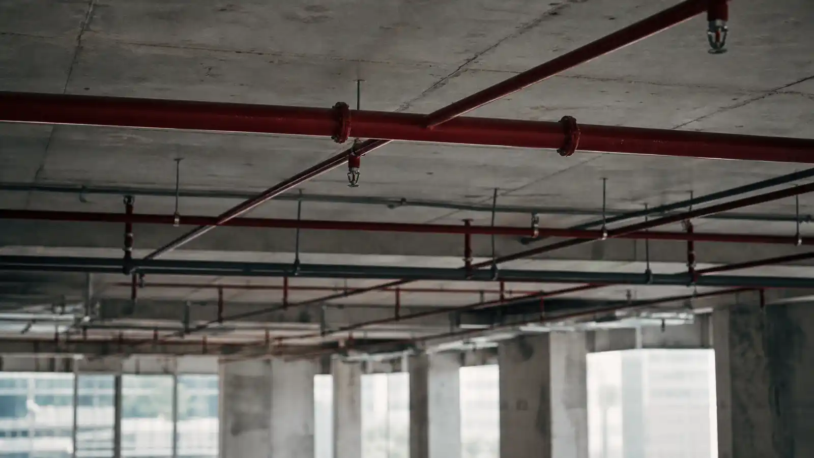 Fire sprinkler pipework across a commercial ceiling - fire engineer insurance