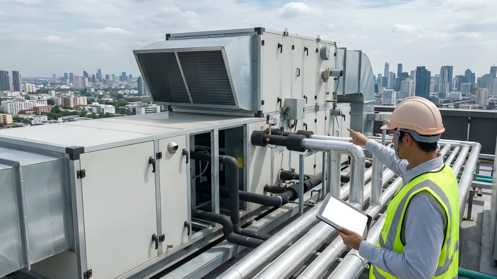 HVAC engineer inspecting rooftop mechanical systems