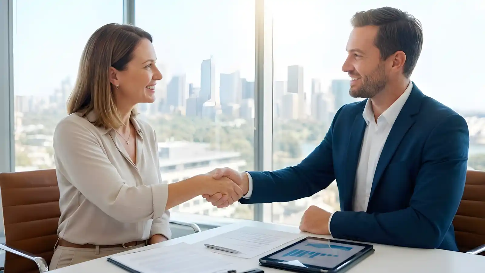 Professional business insurance broker shaking hands with a client in a bright, modern office.