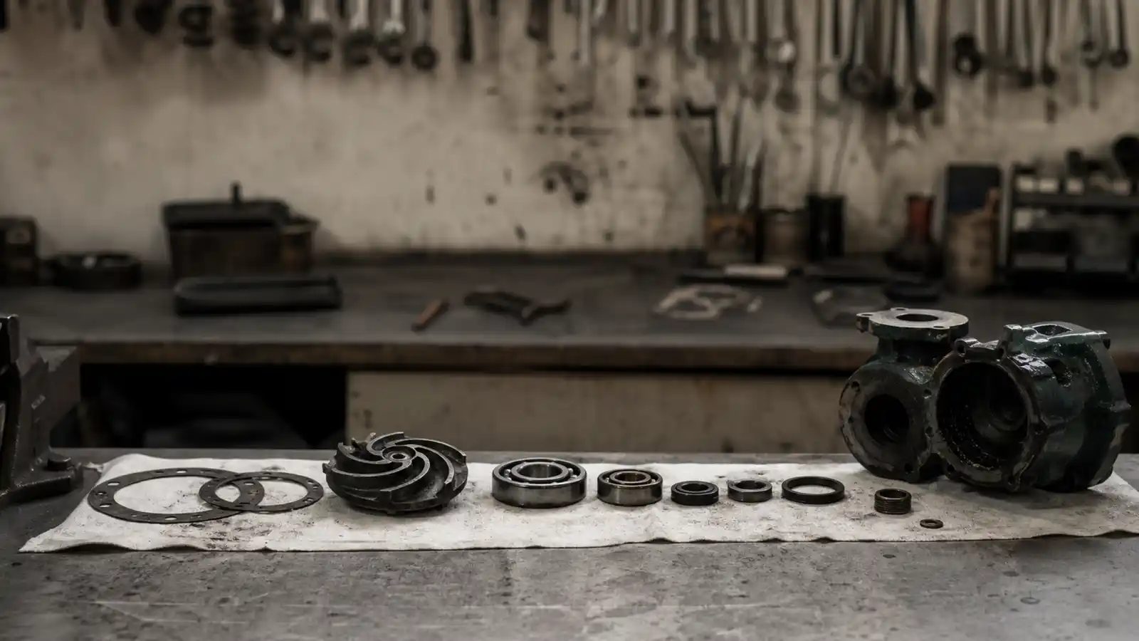 Disassembled pump components on a workshop bench - mechanical engineer insurance