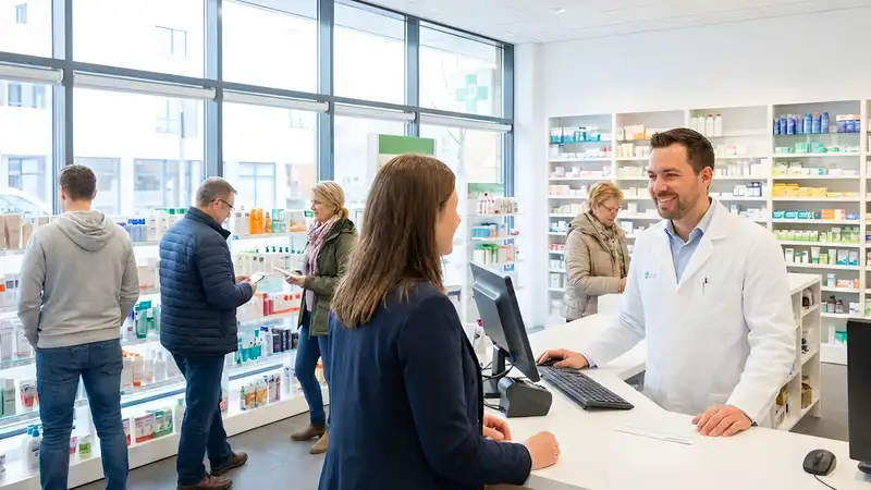 Smiling pharmacist providing professional consultation to customer at modern pharmacy counter