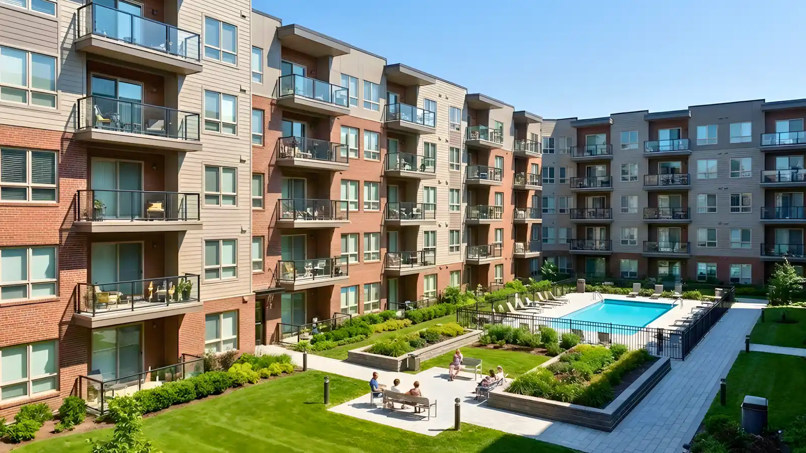Luxury strata apartment complex with a large outdoor swimming pool, manicured gardens, and residents enjoying shared outdoor spaces.