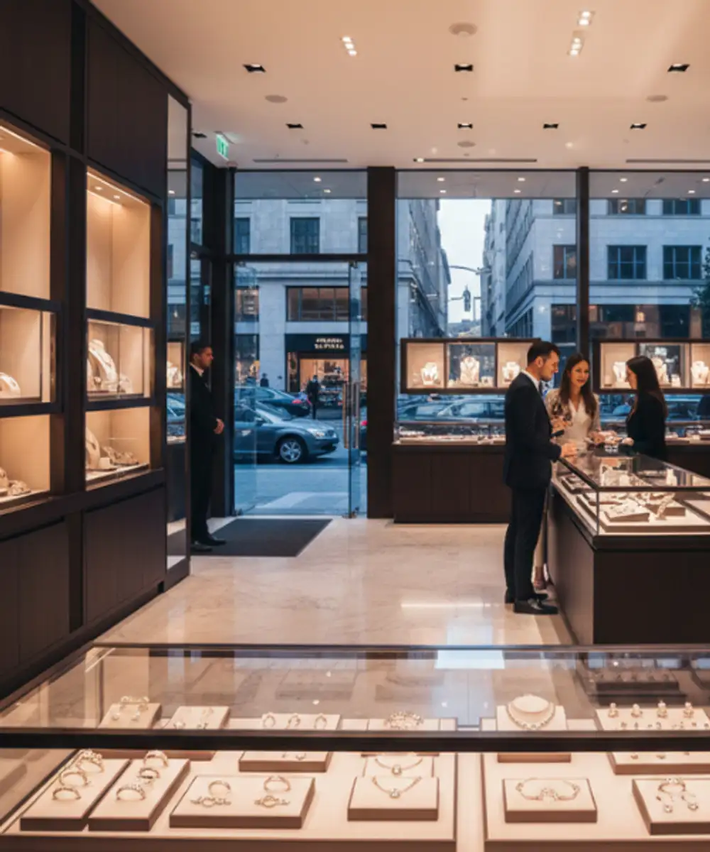 Luxury jewellery store interior with customers at display counter requiring retail insurance and stock protection