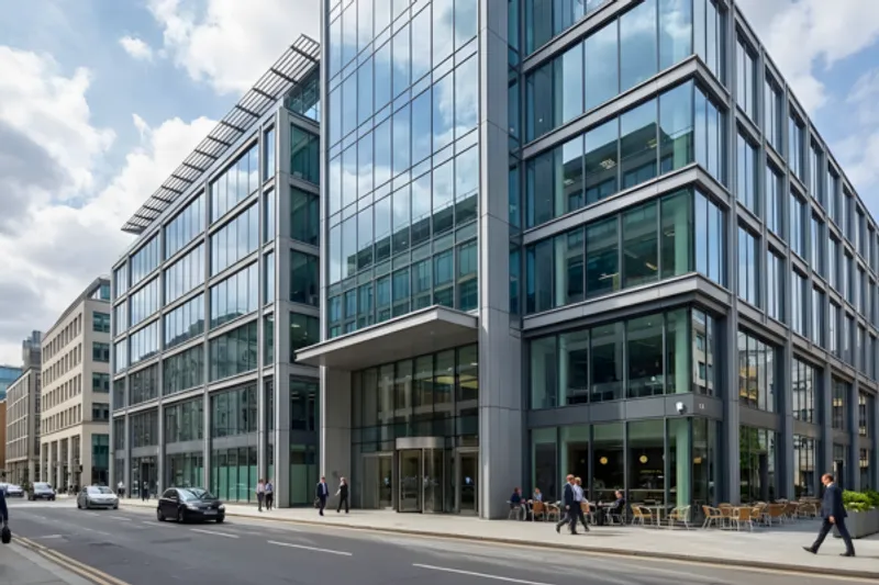 Large contemporary glass-facade commercial office building in a bustling urban business district.