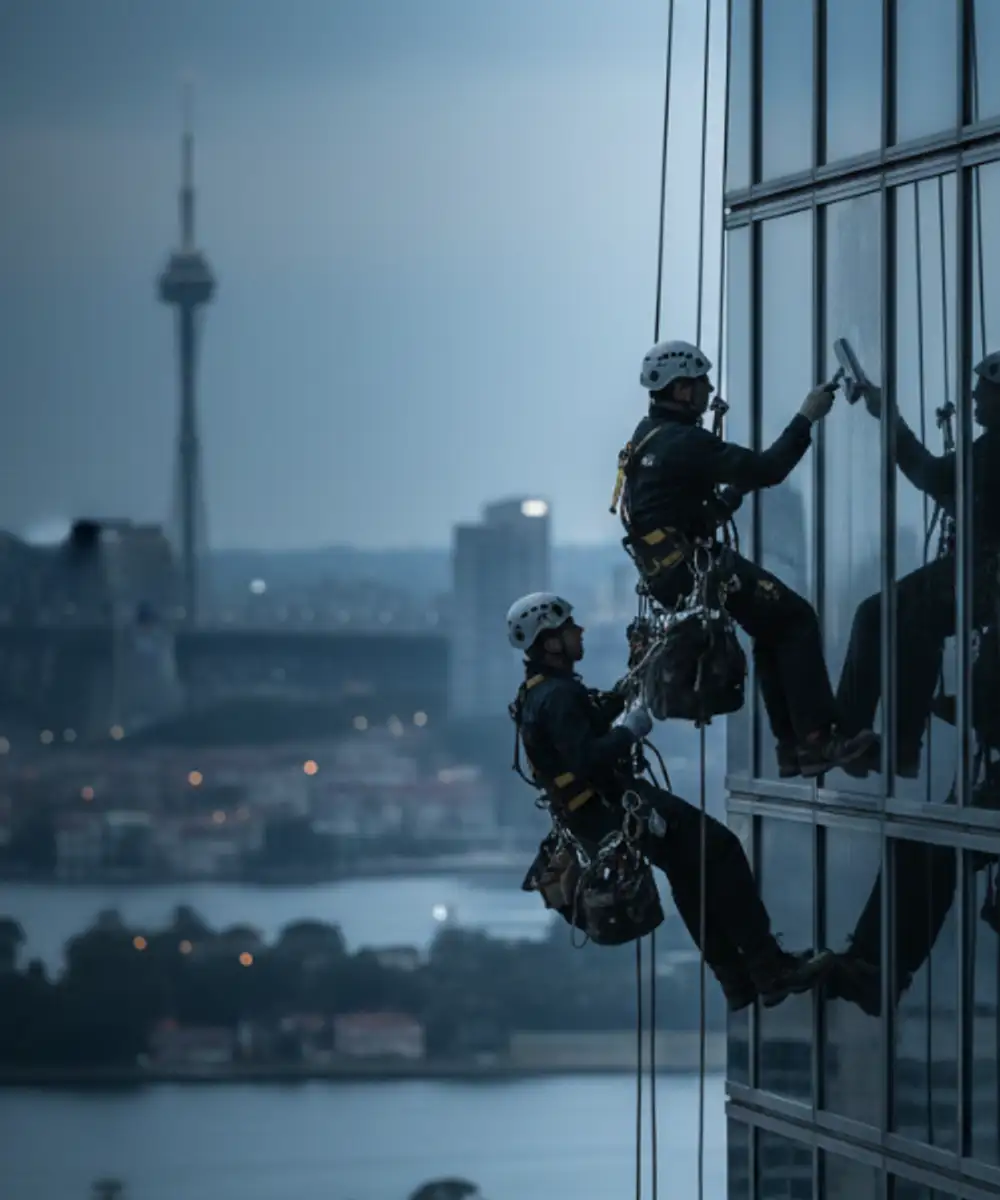 Rope access window cleaners suspended on high-rise building façade at dusk – highlighting working at heights liability and specialist insurance needs for abseiling contractors