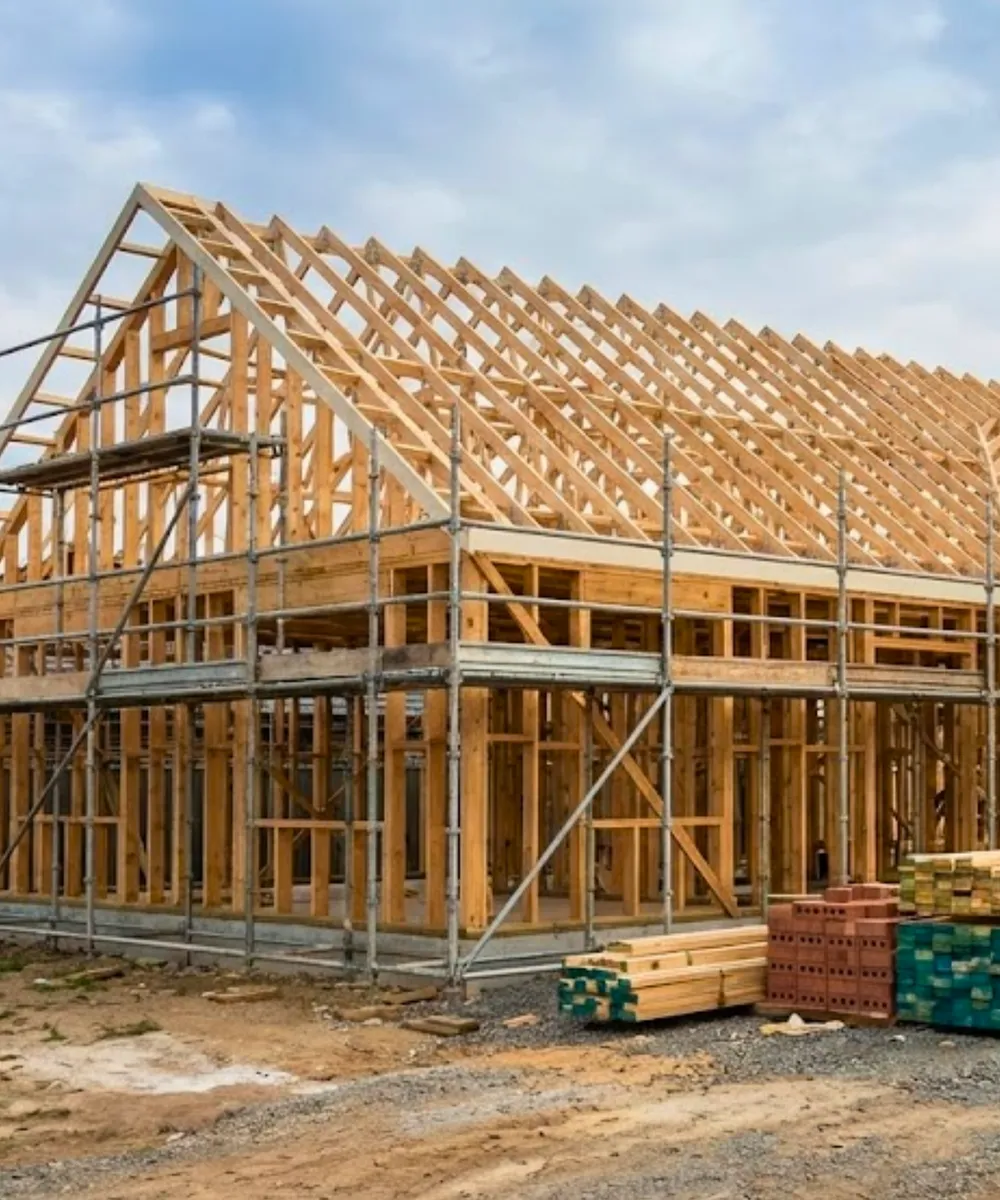 Residential house timber frame construction with scaffolding and building materials for home builder insurance