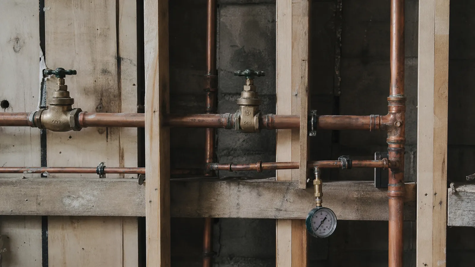 Copper pipework and valves at rough-in stage - hydraulic services design risk