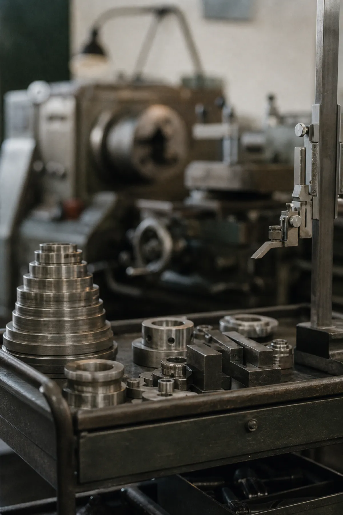 Machined components and height gauge in a workshop - PI for manufacturing engineers