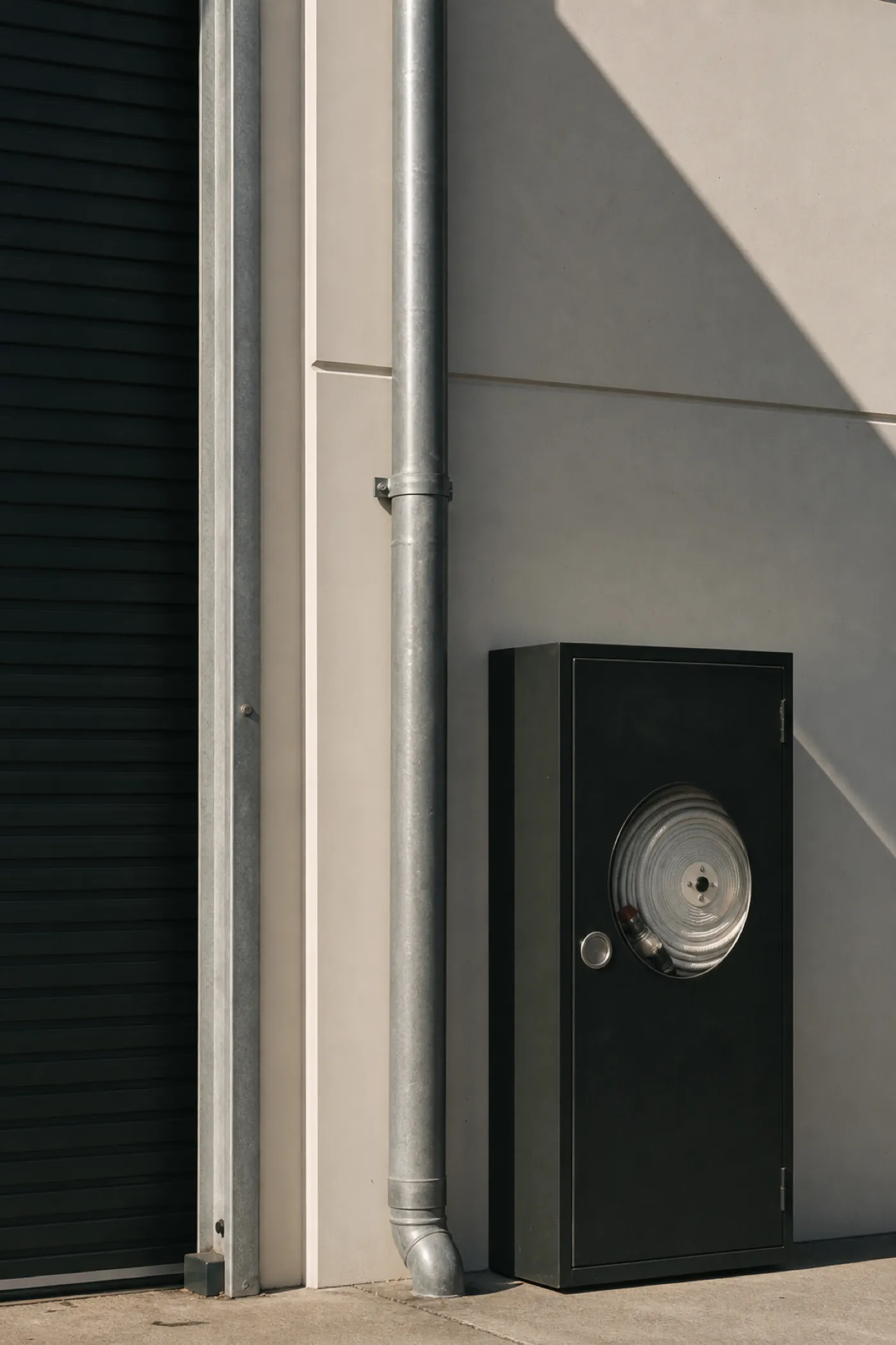 Fire hose reel and services on a strata warehouse wall, common property under industrial strata insurance
