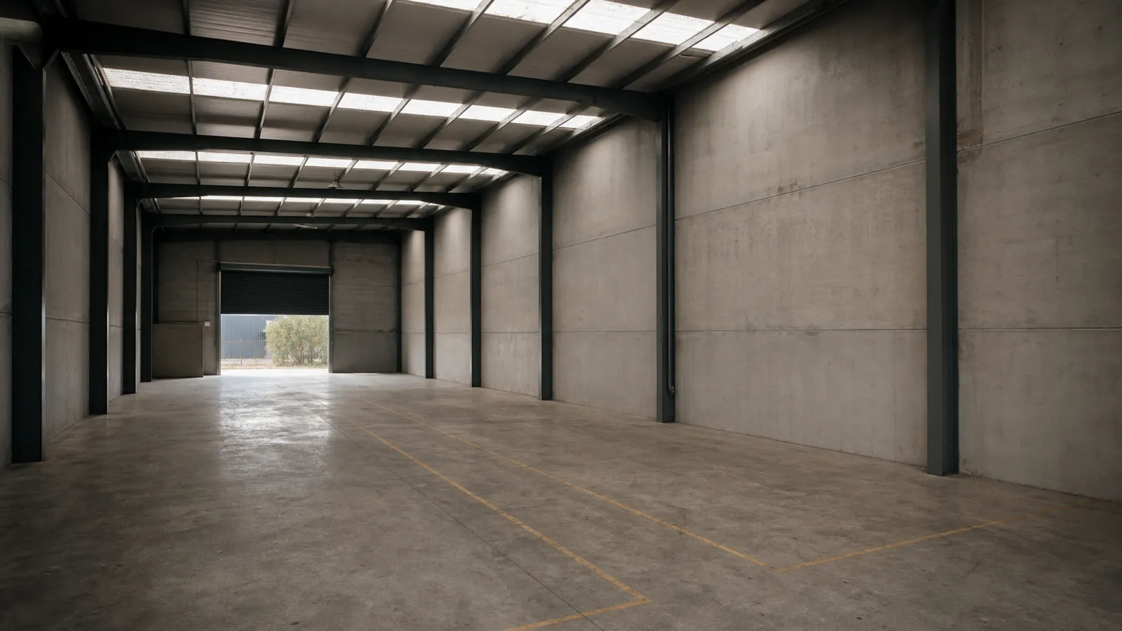 Clear-span interior of a strata warehouse unit, risks assessed for industrial strata insurance
