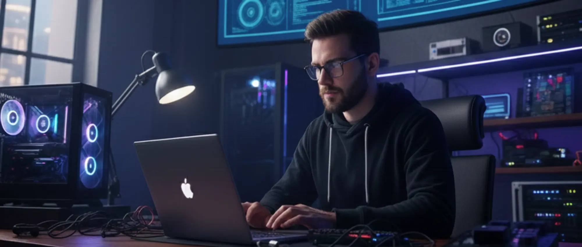 IT professional working remotely with custom PC and cybersecurity monitoring displays - cyber insurance and business interruption cover for technology businesses Australia