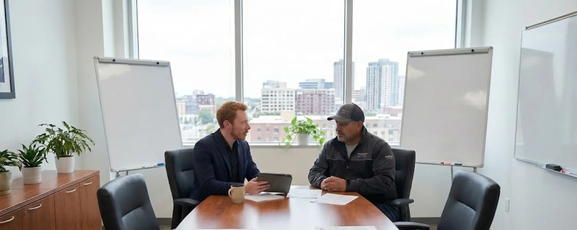 A professional commercial motor insurance broker providing expert advice to a business owner during a consultation in a modern office.