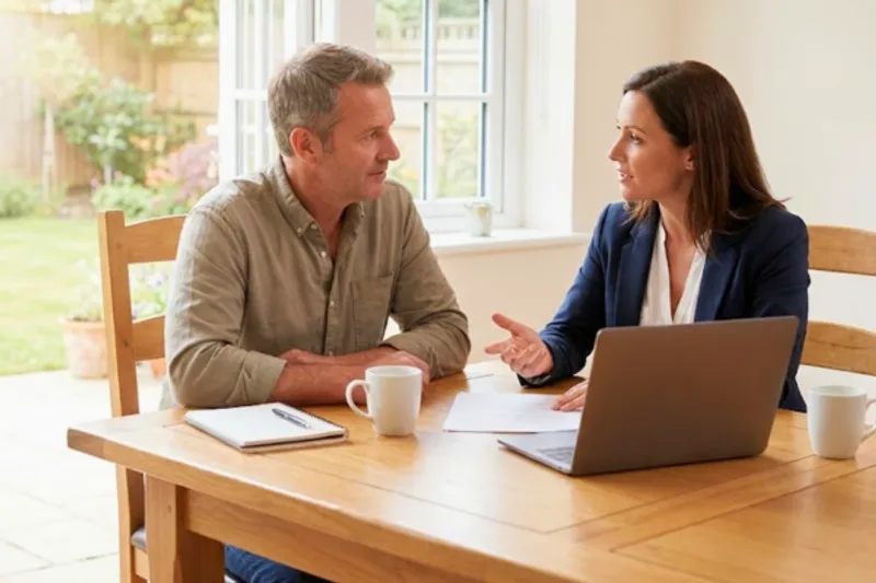 Insurance broker explaining owner builder contract works policy to client during consultation