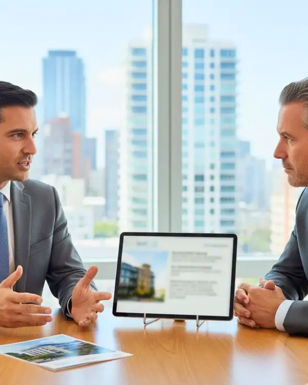 Two professional insurance brokers in a modern office discussing mixed-use property insurance coverage options while viewing property data on a tablet.