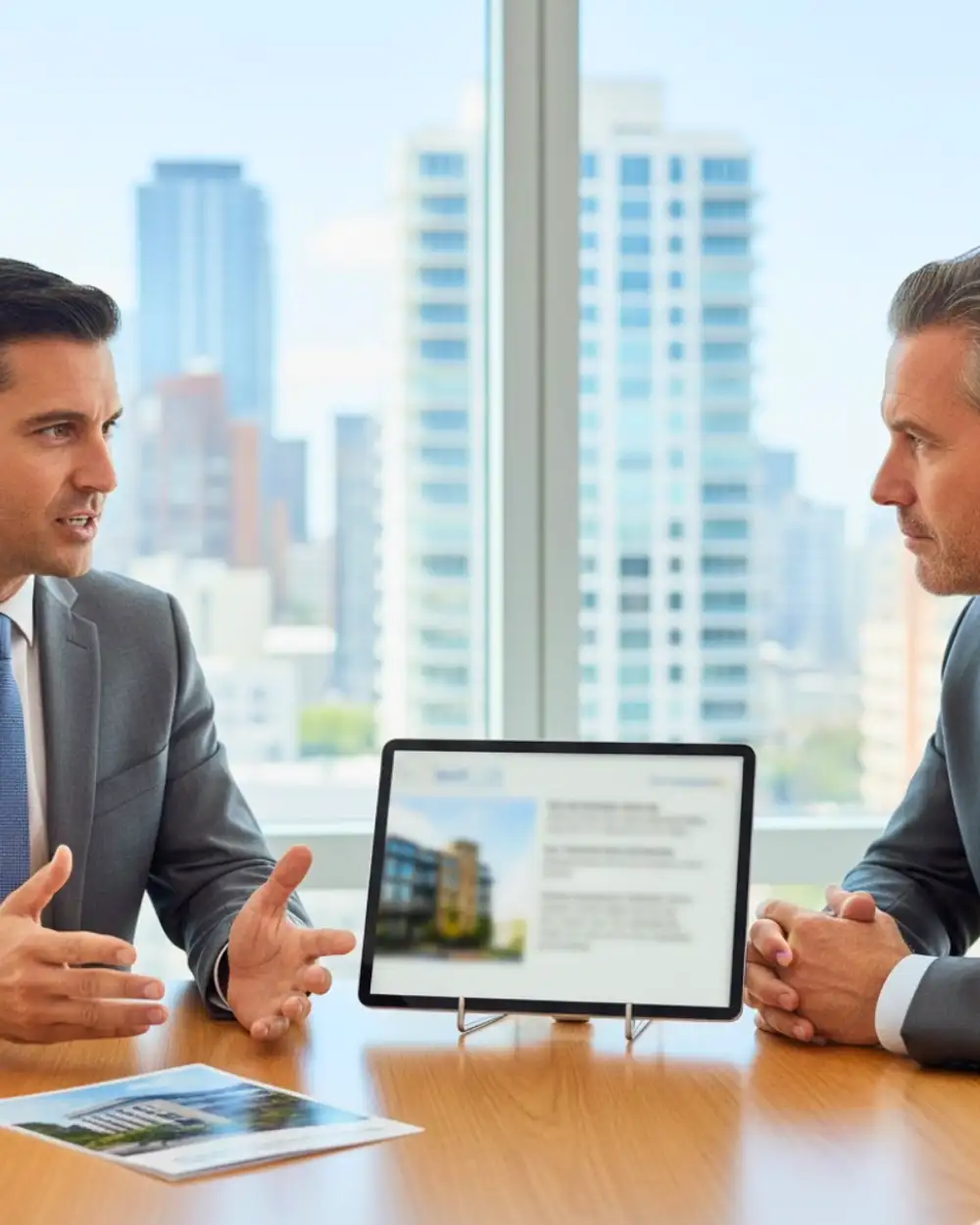 Insurance broker reviewing property documents with a client