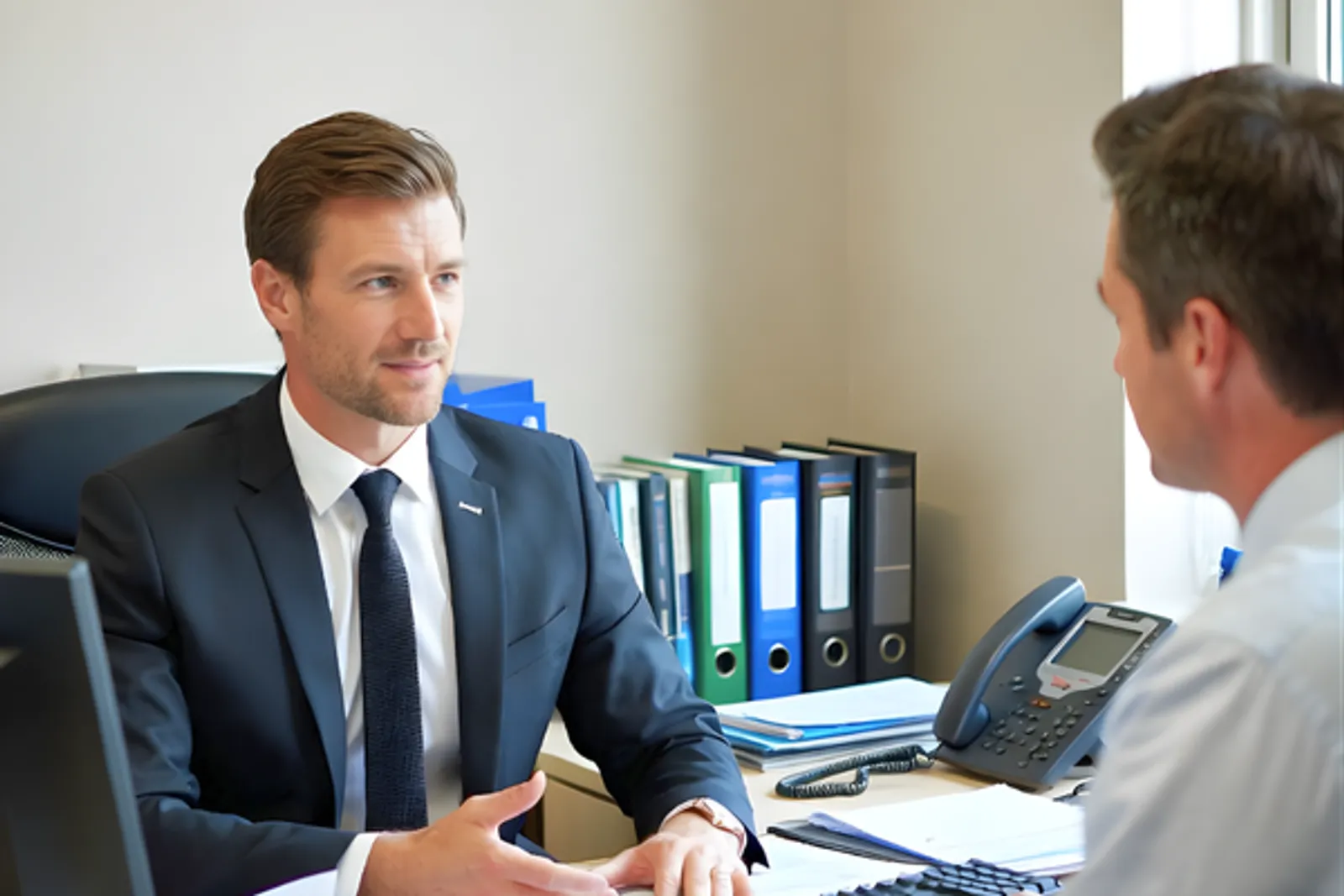 Insurance broker discussing ISR policy options with a commercial property client