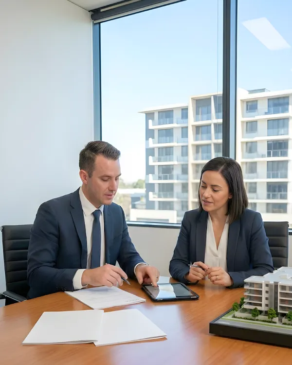 Professional strata insurance broker in Sydney discussing policy options and pricing factors with a client in a modern office.