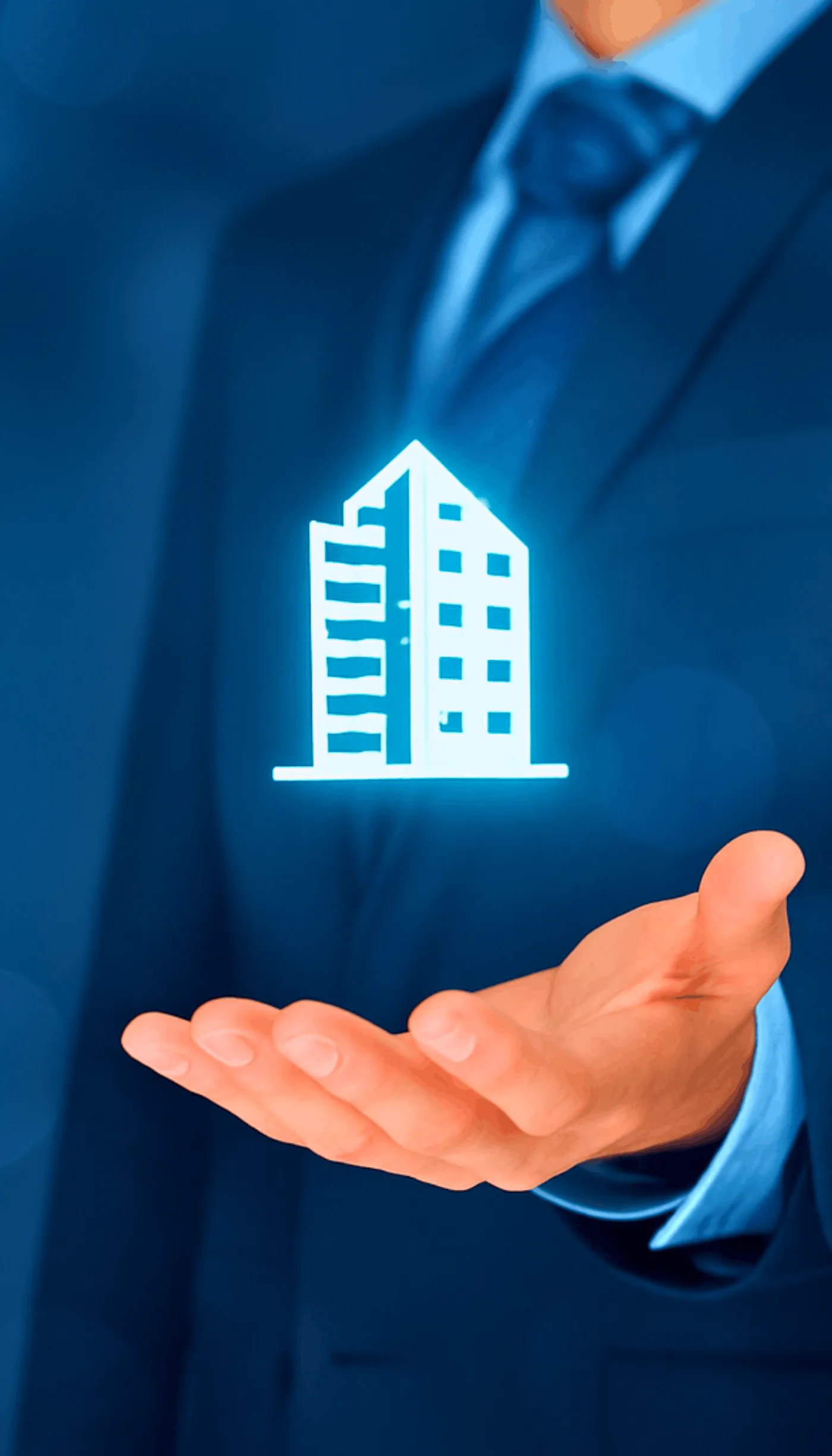 Insurance broker presenting illuminated 3D commercial property icon symbolising ISR coverage solutions