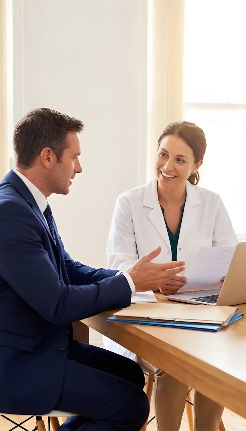 Insurance broker discussing pharmacy insurance policy options with pharmacist in consultation meeting