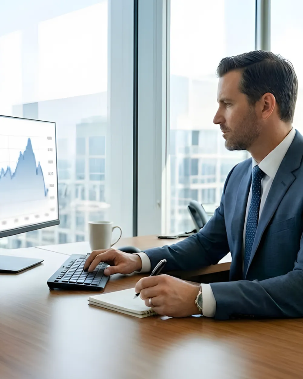 Investment manager analysing market data and stock charts in corporate office – professional negligence insurance for asset managers Australia