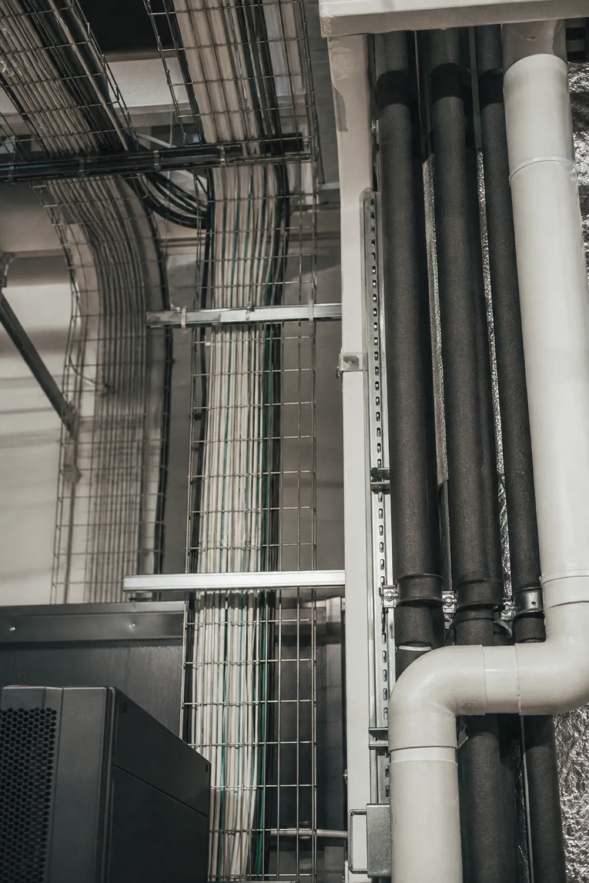 Cooling pipework and cable trays in a data centre plant room, services covered by ISR insurance