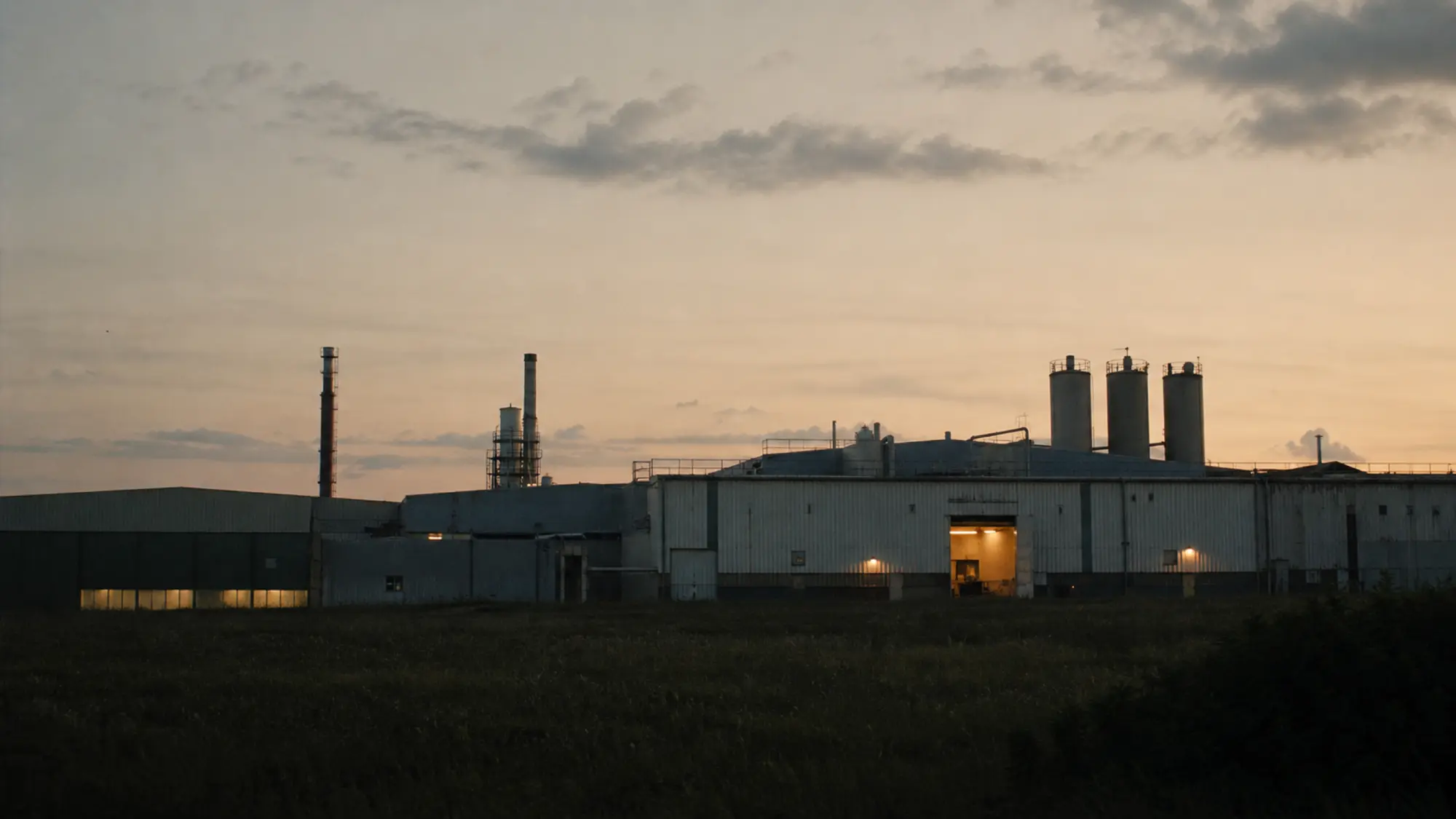 Factory with silos at dusk, industrial operation suited to ISR insurance for manufacturing