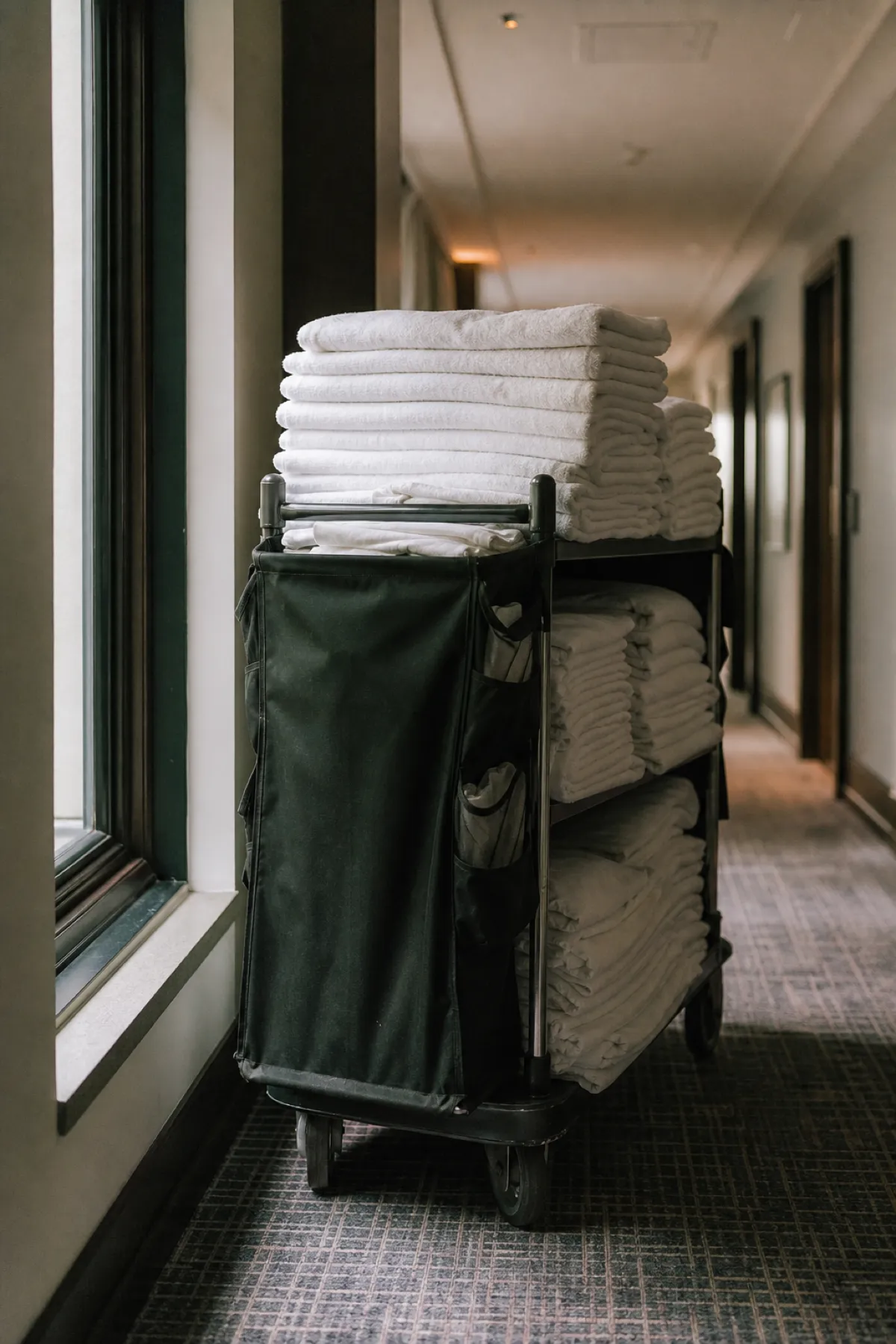 Housekeeping linen trolley in a hotel corridor, hospitality contents insured under ISR