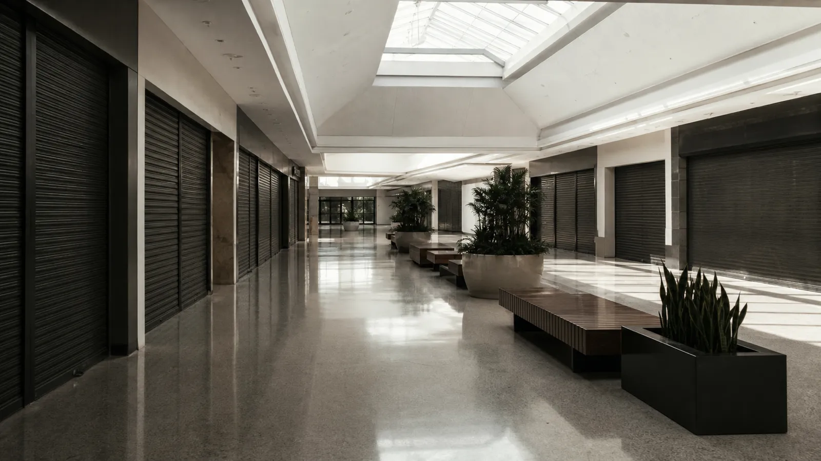 Mall walkway with tenancy shutters down, multi-tenanted retail centre risks under ISR