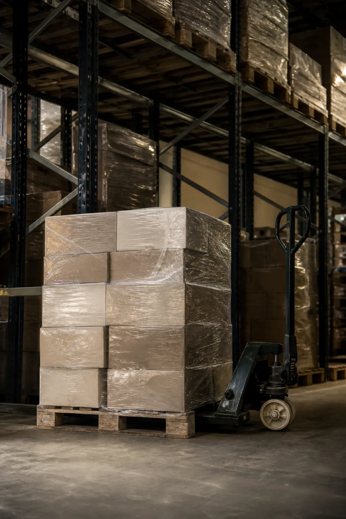 Shrink-wrapped pallet of stock in a warehouse, customer goods insured under ISR cover