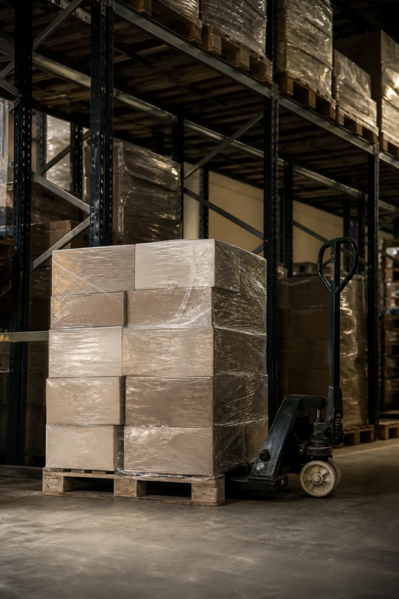Shrink-wrapped pallet of stock in a warehouse, customer goods insured under ISR cover