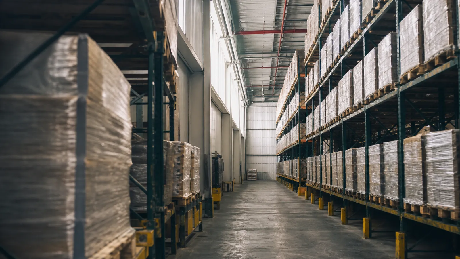 Racking aisle with sprinkler lines in a warehouse, stock and fire risk under an ISR policy