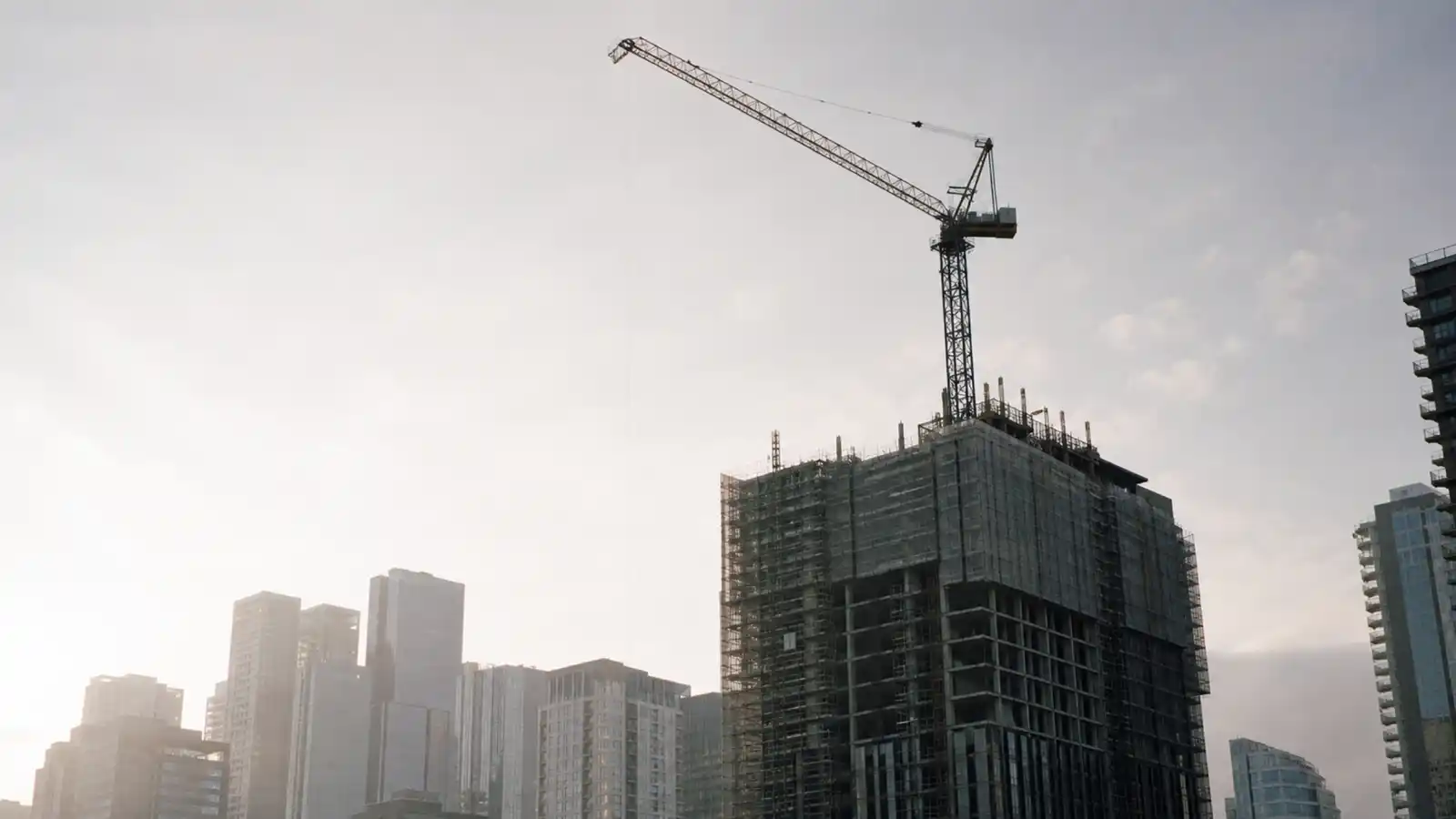 Tower crane above an Australian city construction site for labour hire insurance