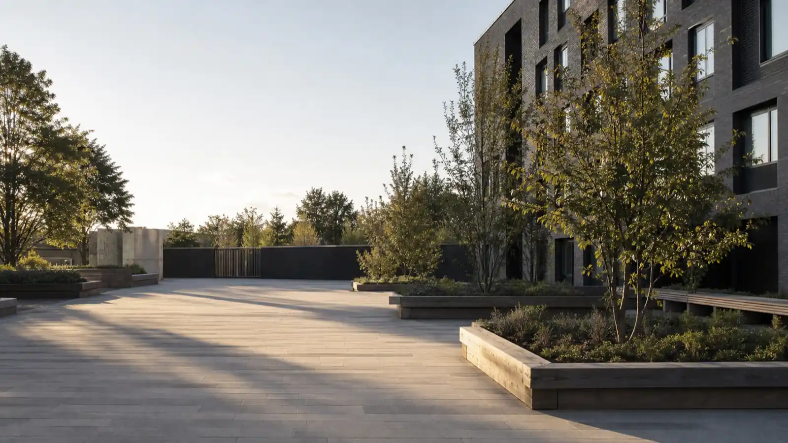 Newly built public courtyard, the designed spaces landscape architect PI insurance covers