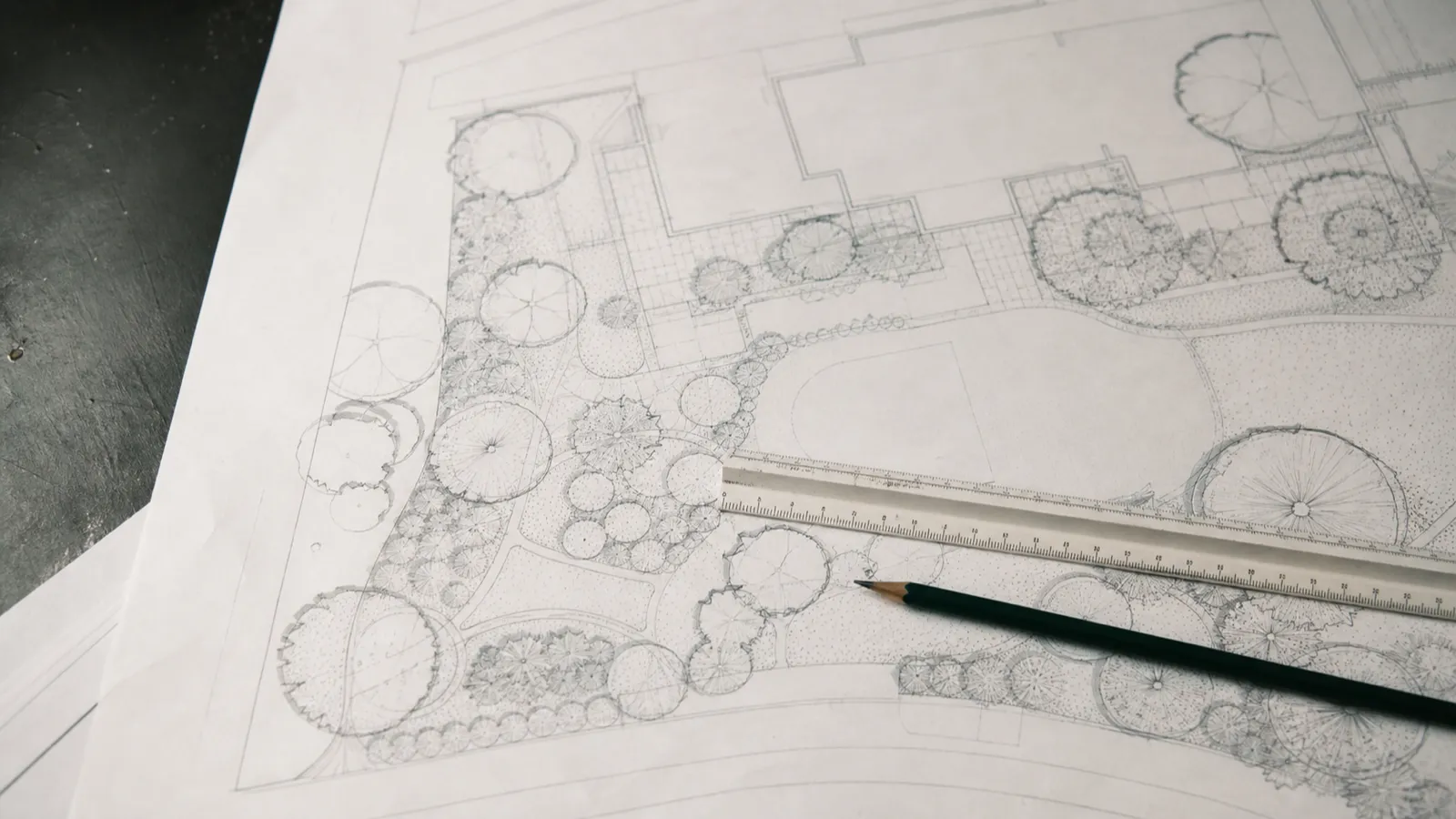 Planting plan on a drafting table, design documentation behind landscape architect PI claims