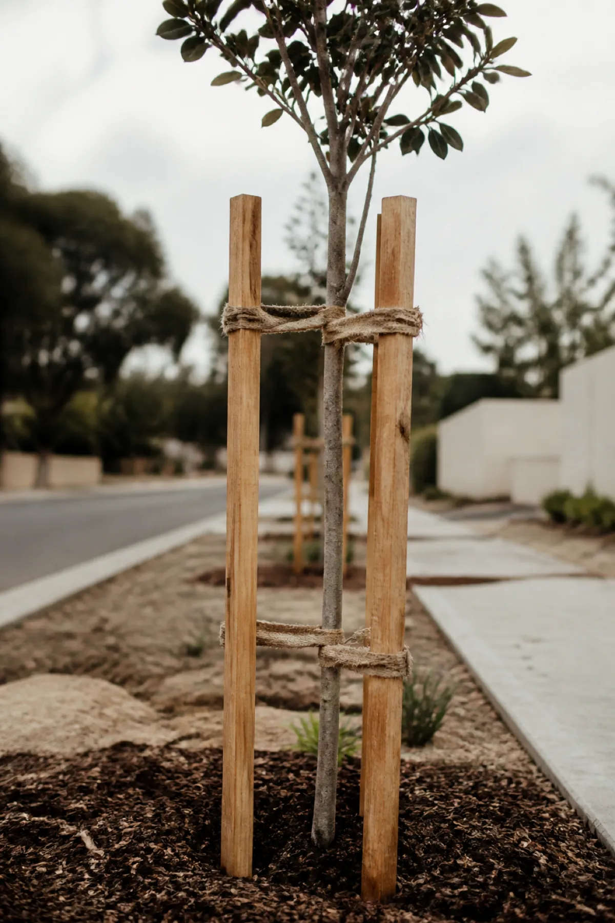 Newly staked street tree in fresh landscape works, a landscape architect PI risk area