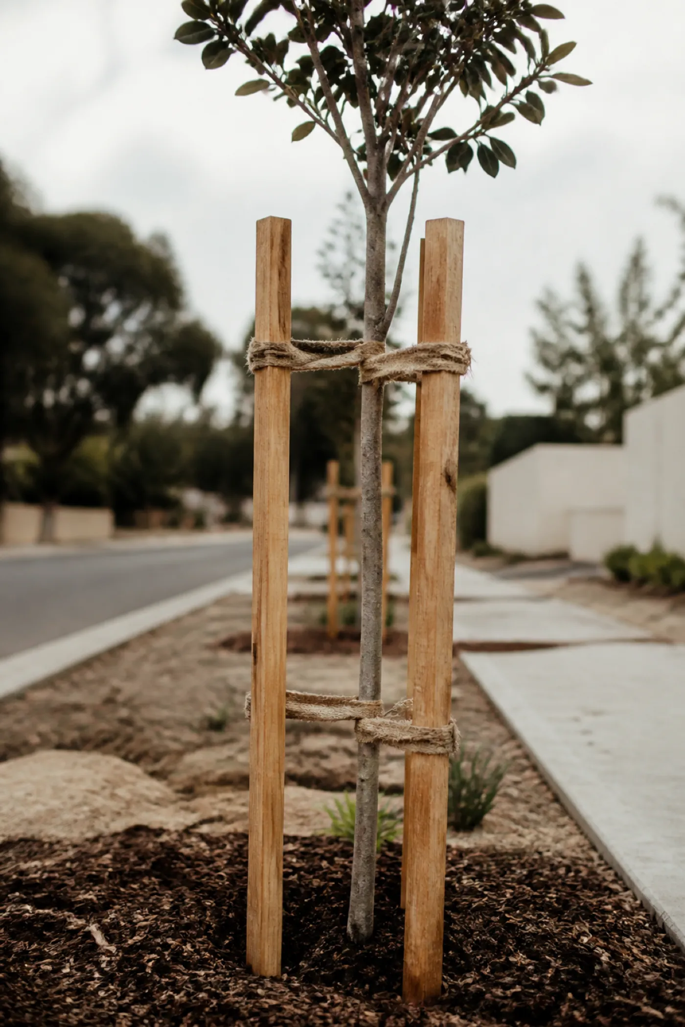 Newly staked street tree in fresh landscape works, a landscape architect PI risk area
