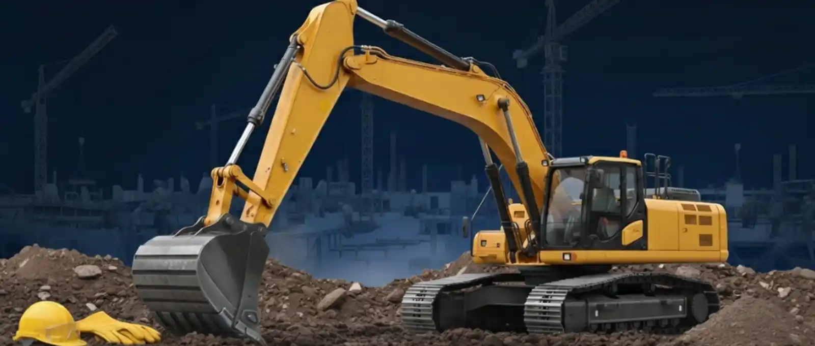 Yellow excavator digging on construction site with cranes for earthmoving contractor public liability insurance