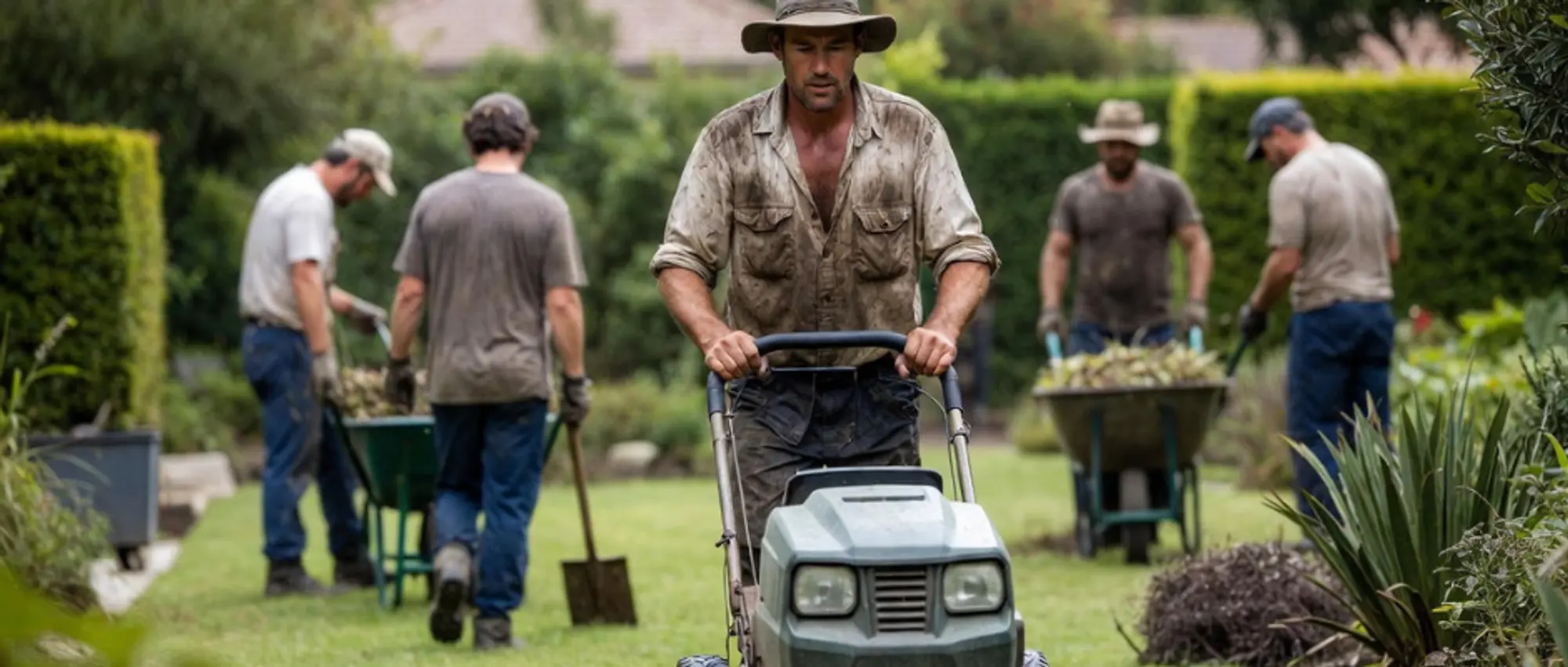 Landscaping team working on residential lawn maintenance - employer liability and workers compensation insurance for landscaping crews