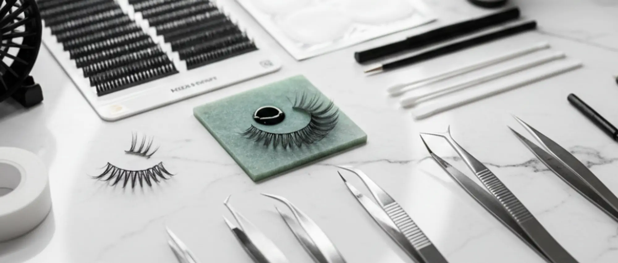 Professional lash technician tools including precision tweezers, eyelash extension trays, and application equipment on marble workspace