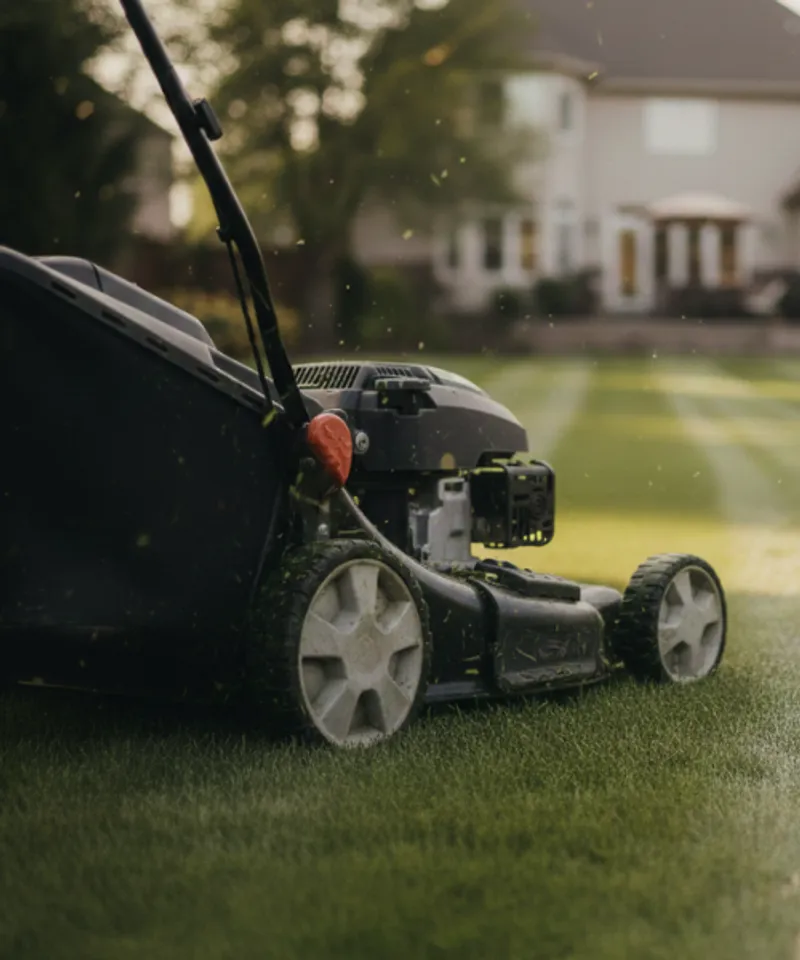 Close-up of petrol lawn mower cutting fresh grass in residential backyard - lawn mowing equipment insurance coverage