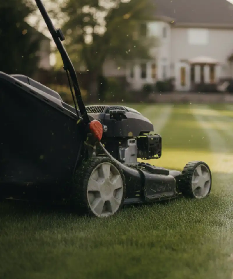 Close-up of petrol lawn mower cutting fresh grass in residential backyard - lawn mowing equipment insurance coverage